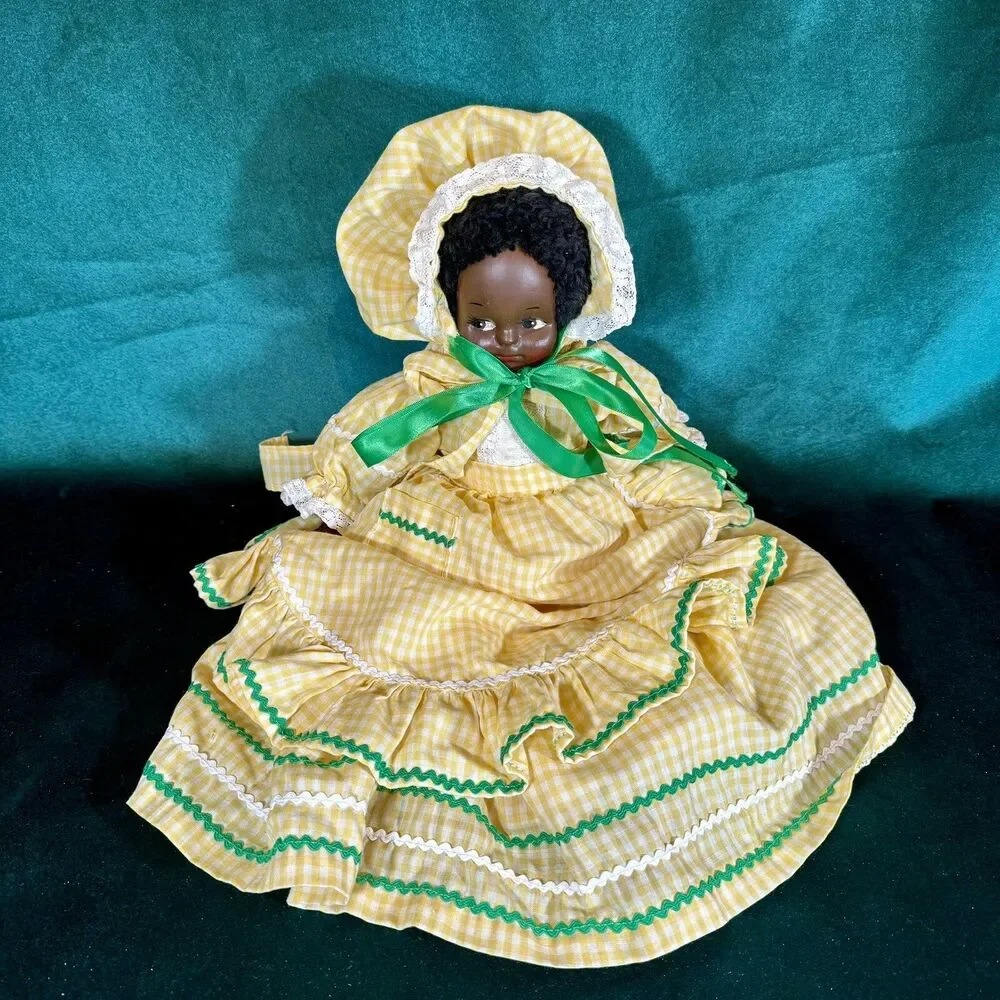 Vintage Handmade African American Doll Folk Art Decor Gingham Yellow Dress